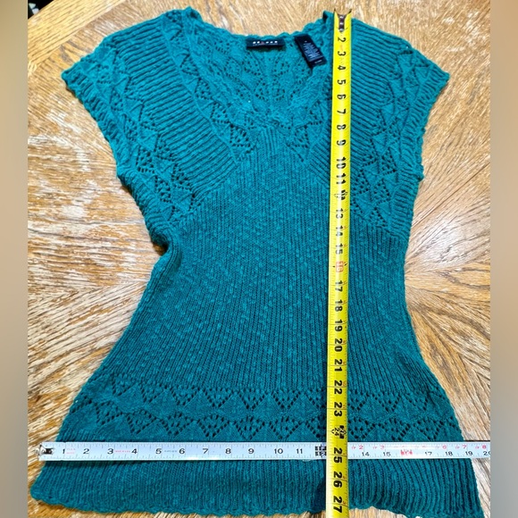 Jade teal open crochet knit sweater form fitted short sleeve tunic long length‎ - Picture 13 of 17